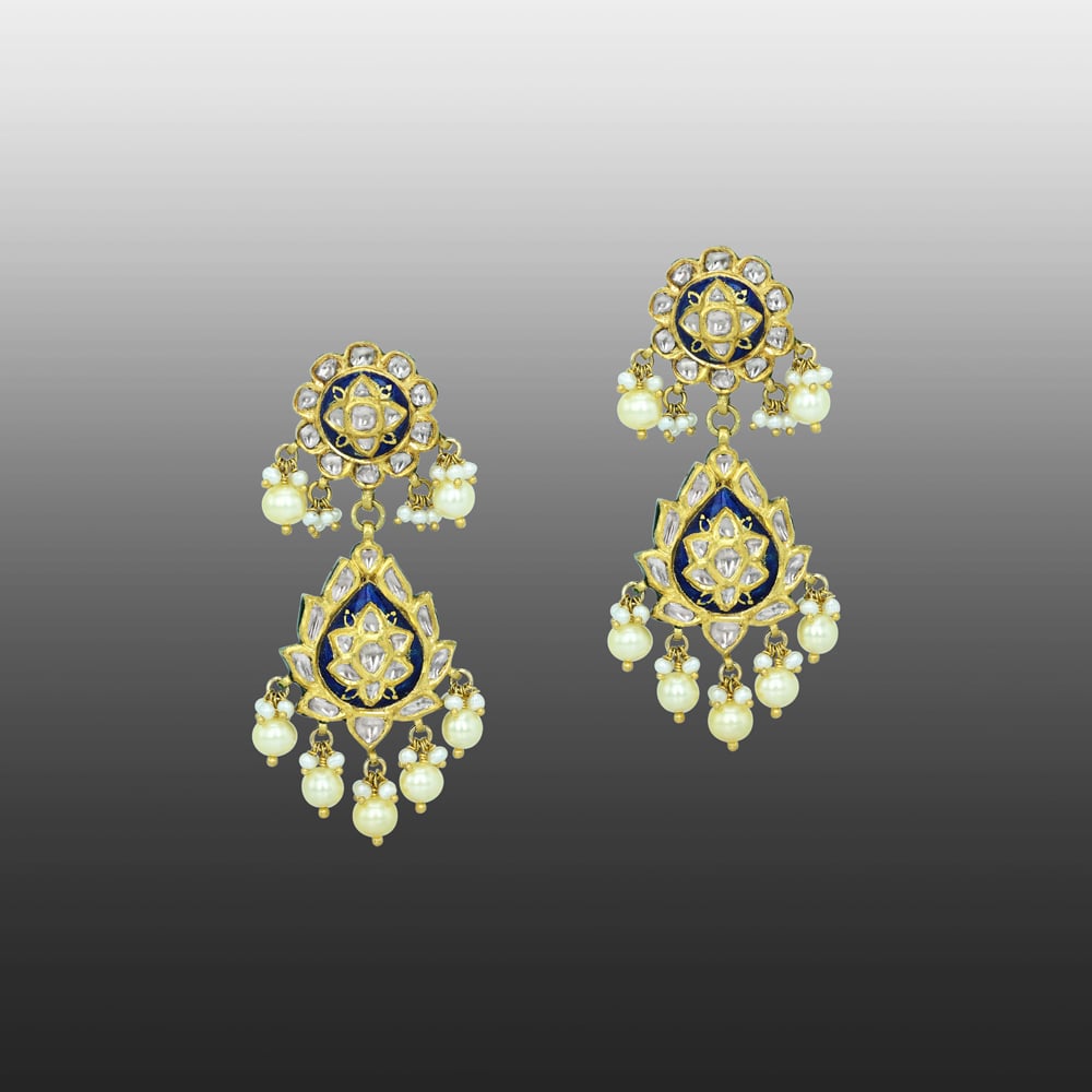 Drop Earrings with Blue Enamel and Pearls